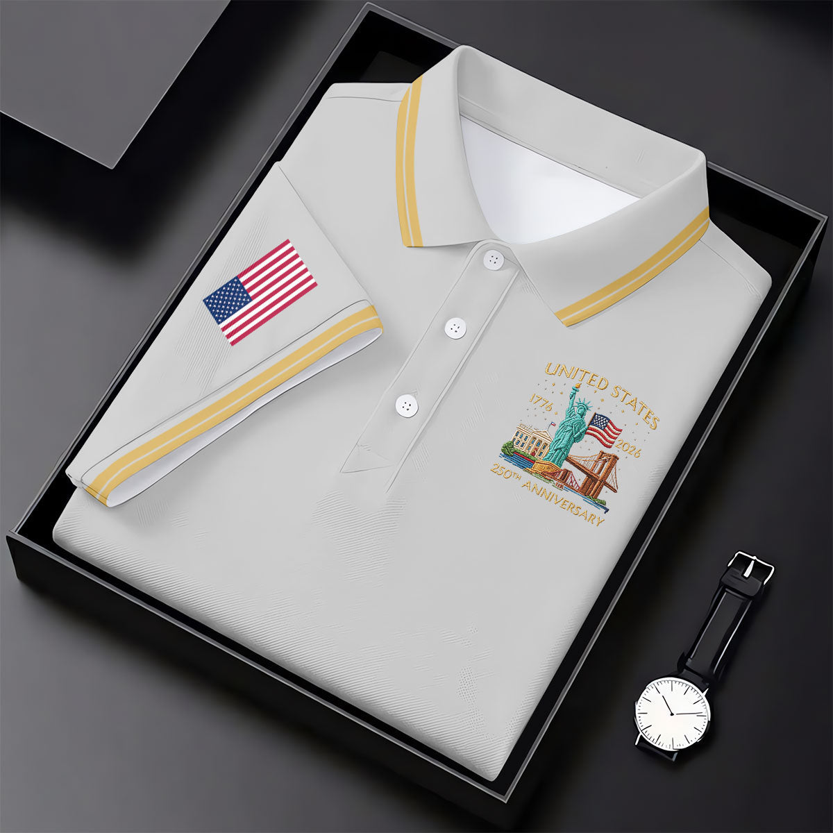 American Symbols Grey Patriotic Golf Shirt, US 250 Years 4th Of July Golf Shirts For Men