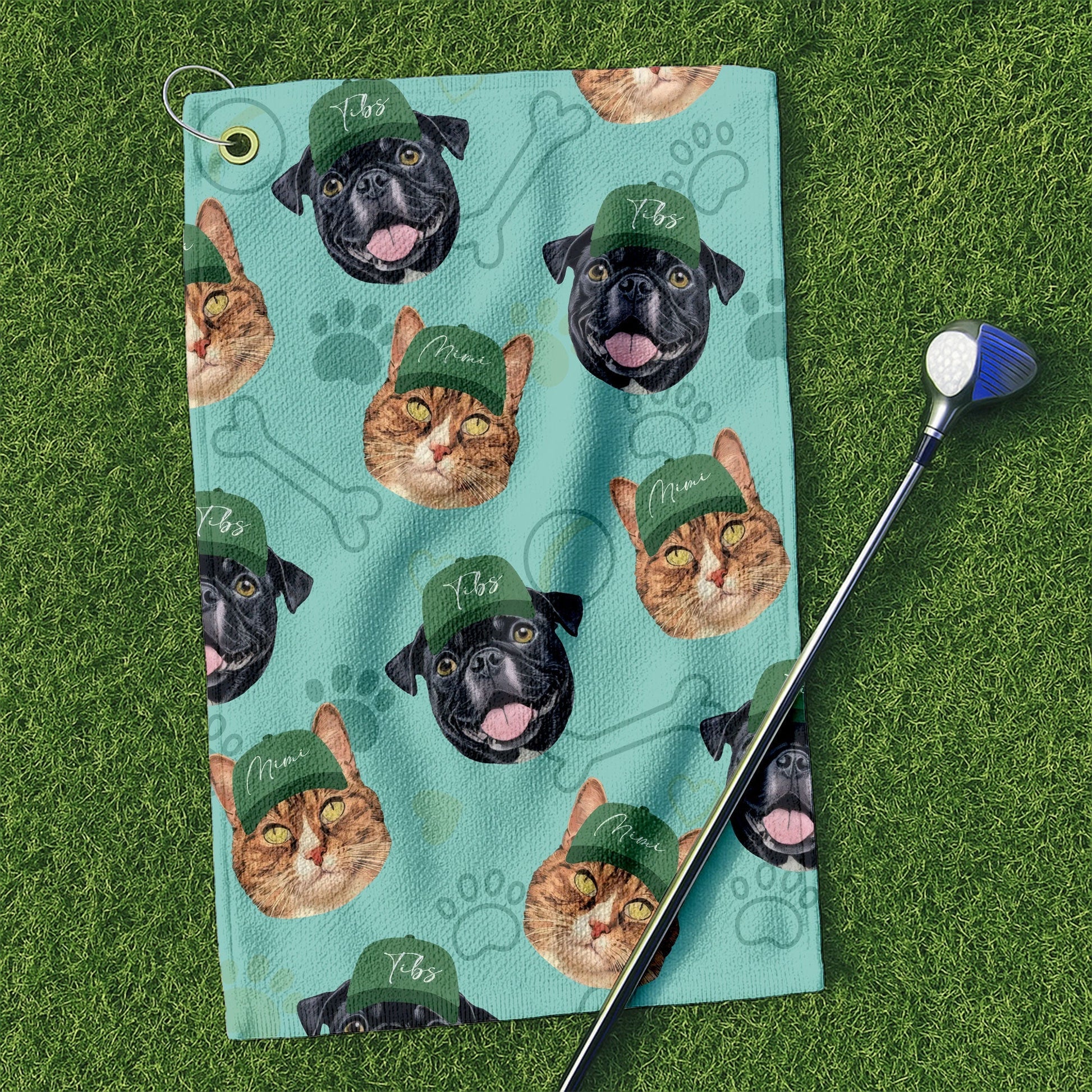 Pet Dog and Cat Face Golf Towel with Green Caps, Funny Golf Towel, Golf Accessories Gift