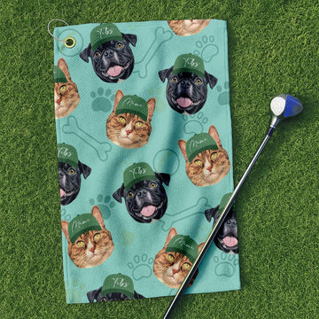 Pet Dog and Cat Face Golf Towel with Green Caps, Funny Golf Towel, Golf Accessories Gift