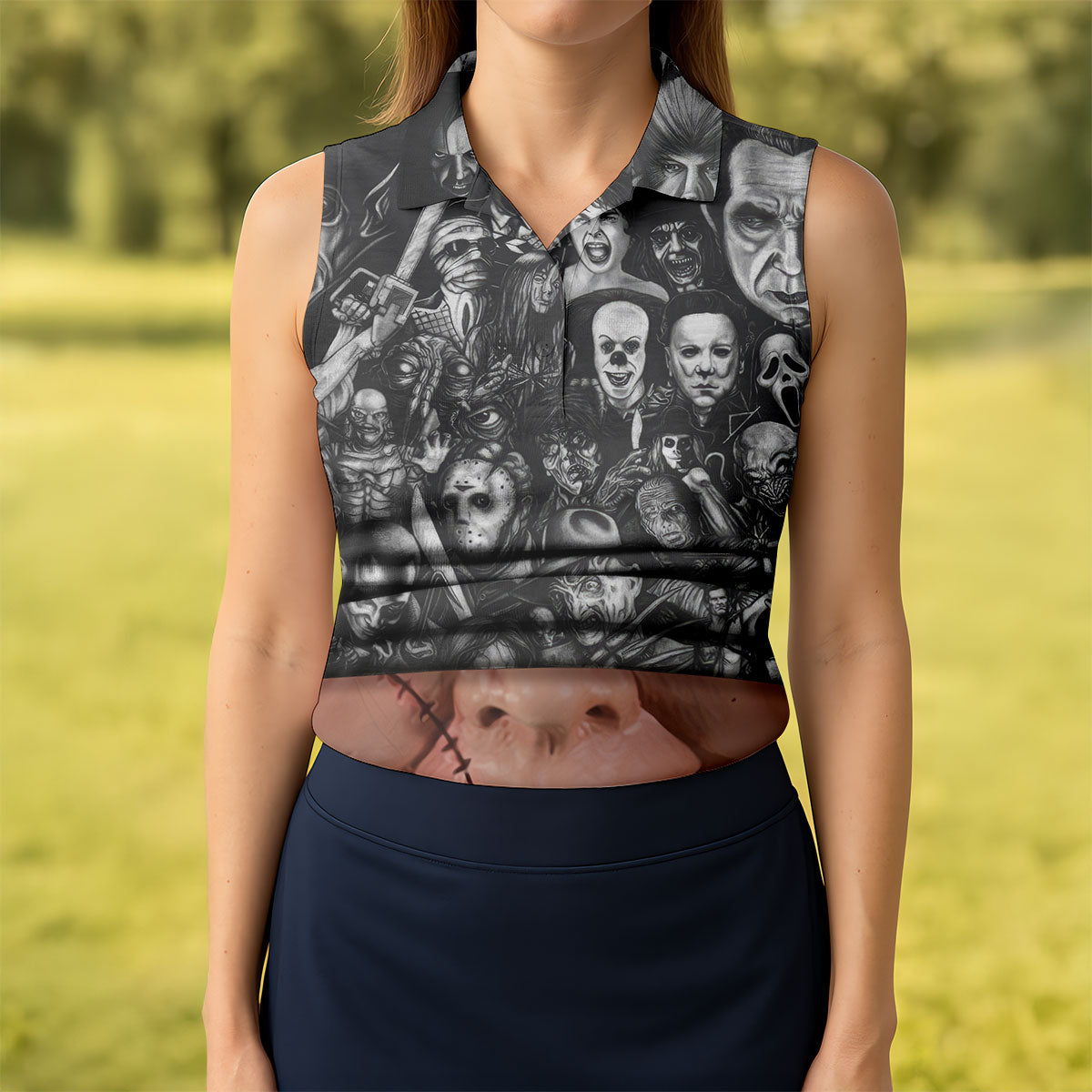 Stitched Face Horror Character Halloween Polo Shirt, Golf Polo For Women, Ladies Golf Top