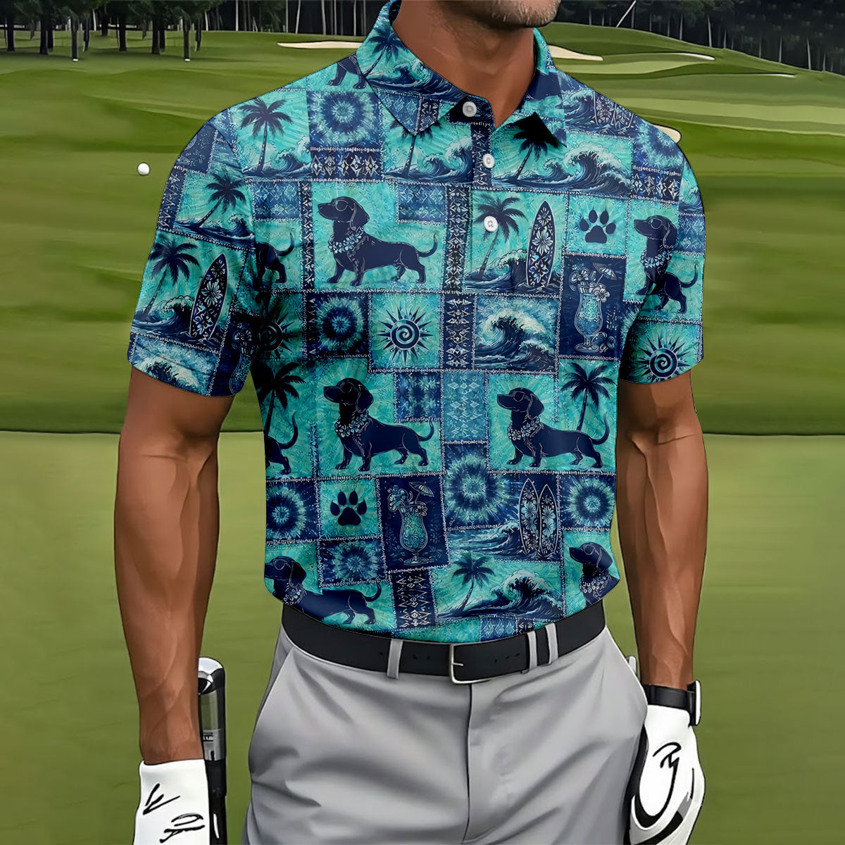 Funny Tropical Dog Surf Patchwork Golf Polo Shirt, Mens Golf Polo, Printed Golf Shirts