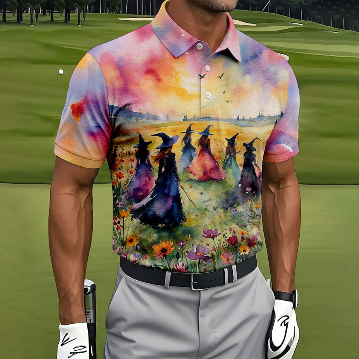 Watercolor Witch Gathering Halloween Golf Polo Shirt, Printed Golf Shirts, Golf Polo Shirts For Men