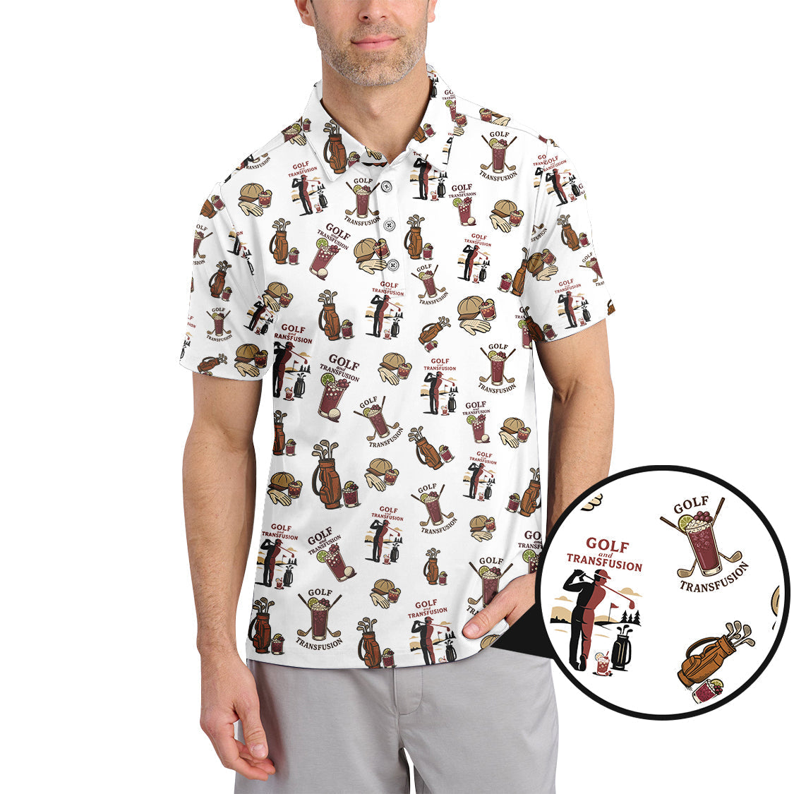 Transfusion Golf Shirt, Golf Transfusion Drink Pattern Polos, Men's Golf Shirts