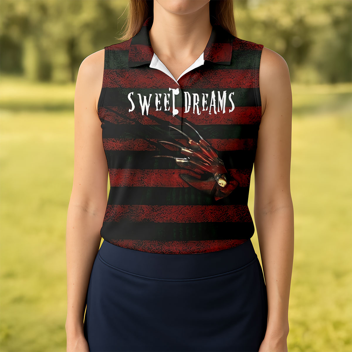 Sweet Dreams Freddy Horror Character Golf Polo Shirt, Ladies Golf Shirts, Women's Golf Polo