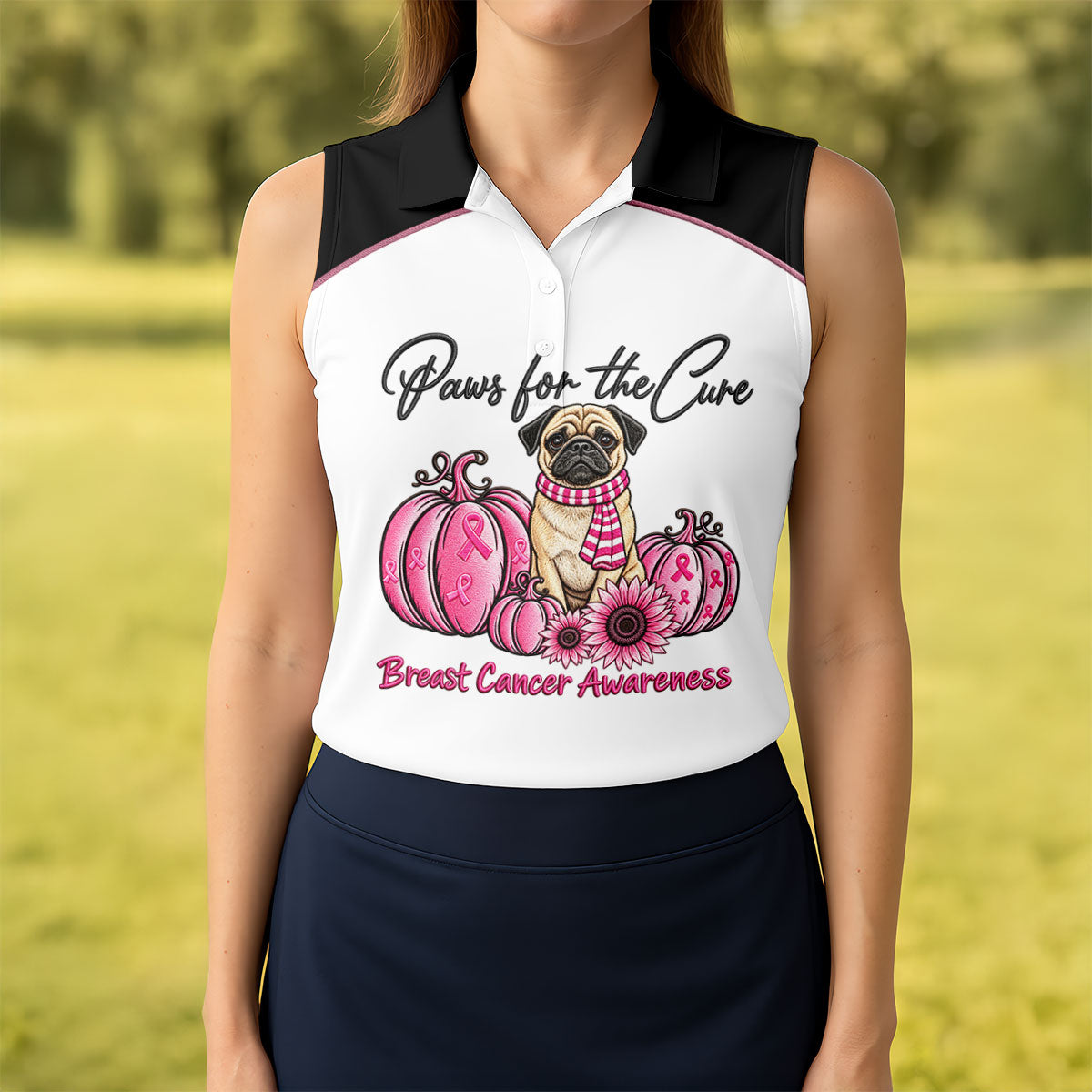 Paws For The Cure Pug Breast Cancer Polo Shirt, Womens Golf Polo, Golf Tops For Women