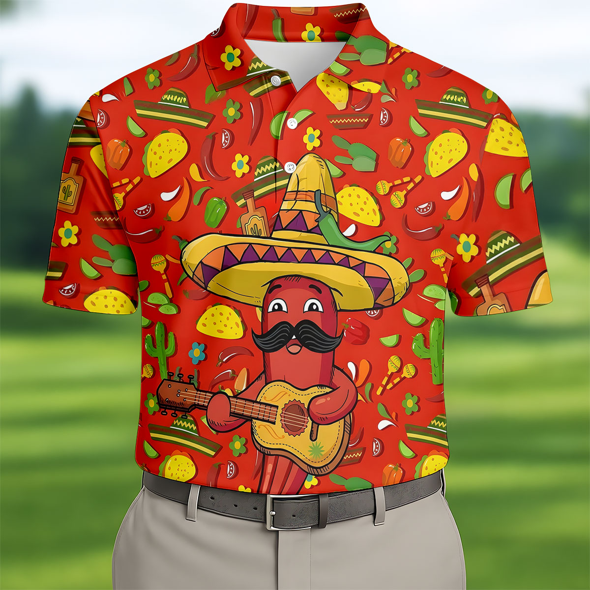 Cartoon Chili Pepper Mexican Guitar Cinco De Mayo Celebration Fiesta Themed Golf Shirts For Men