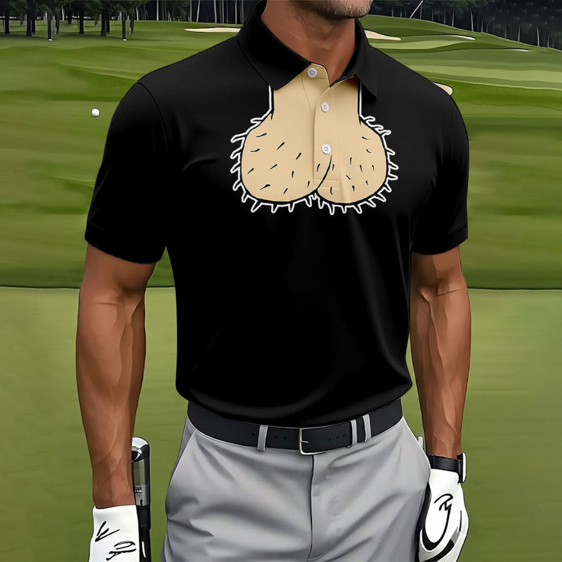 Black Funny Dickhead Faux Chest Golf Shirt, Men's Golf Shirt, Polo Shirts For Men