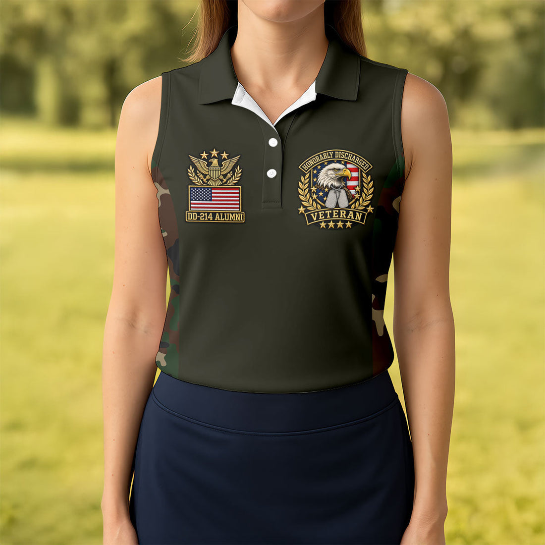 DD-214 Eagle Badge Olive Camo Polo Shirt, Women Golf Tops, Veterans Day Golf Shirt