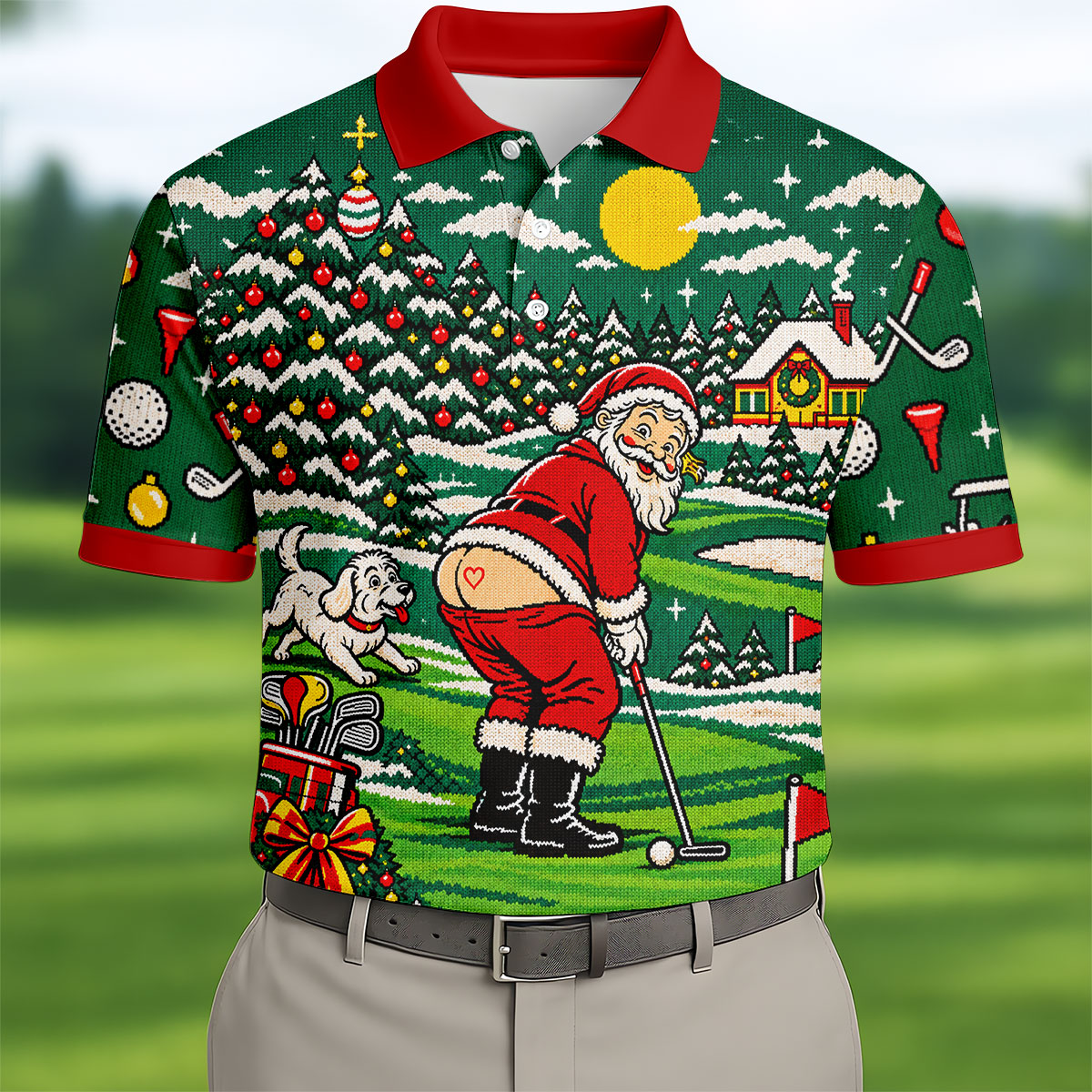Funny Santa Mooning Dog Christmas Golf Shirt, Mens Golf Polo, Golf Shirts For Men