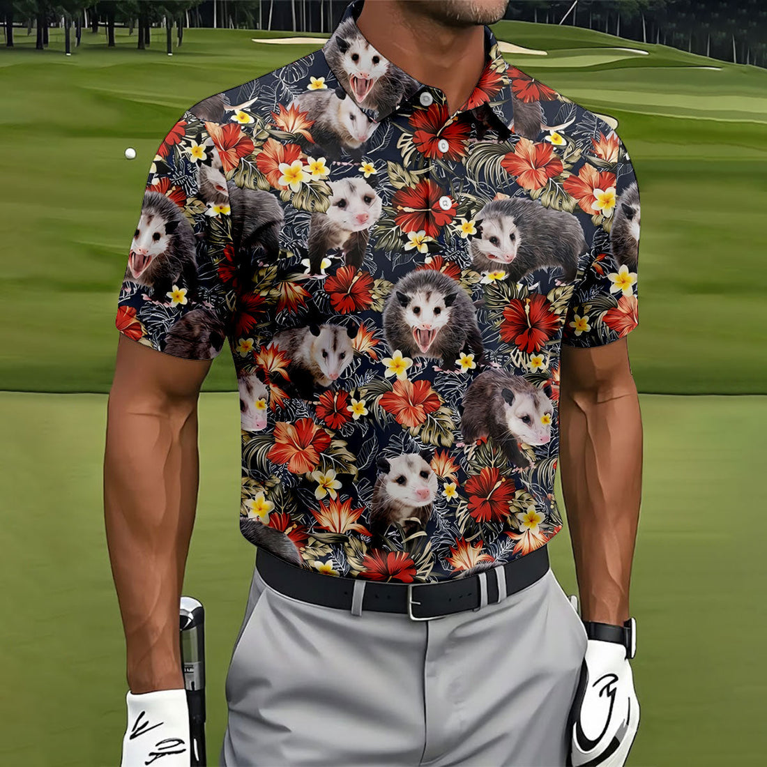 Cute Possums Hibiscus Flowers Golf Polo, Island Foliage Hawaiian Golf Shirt, Golf Tops For Men, Golfing Apparel