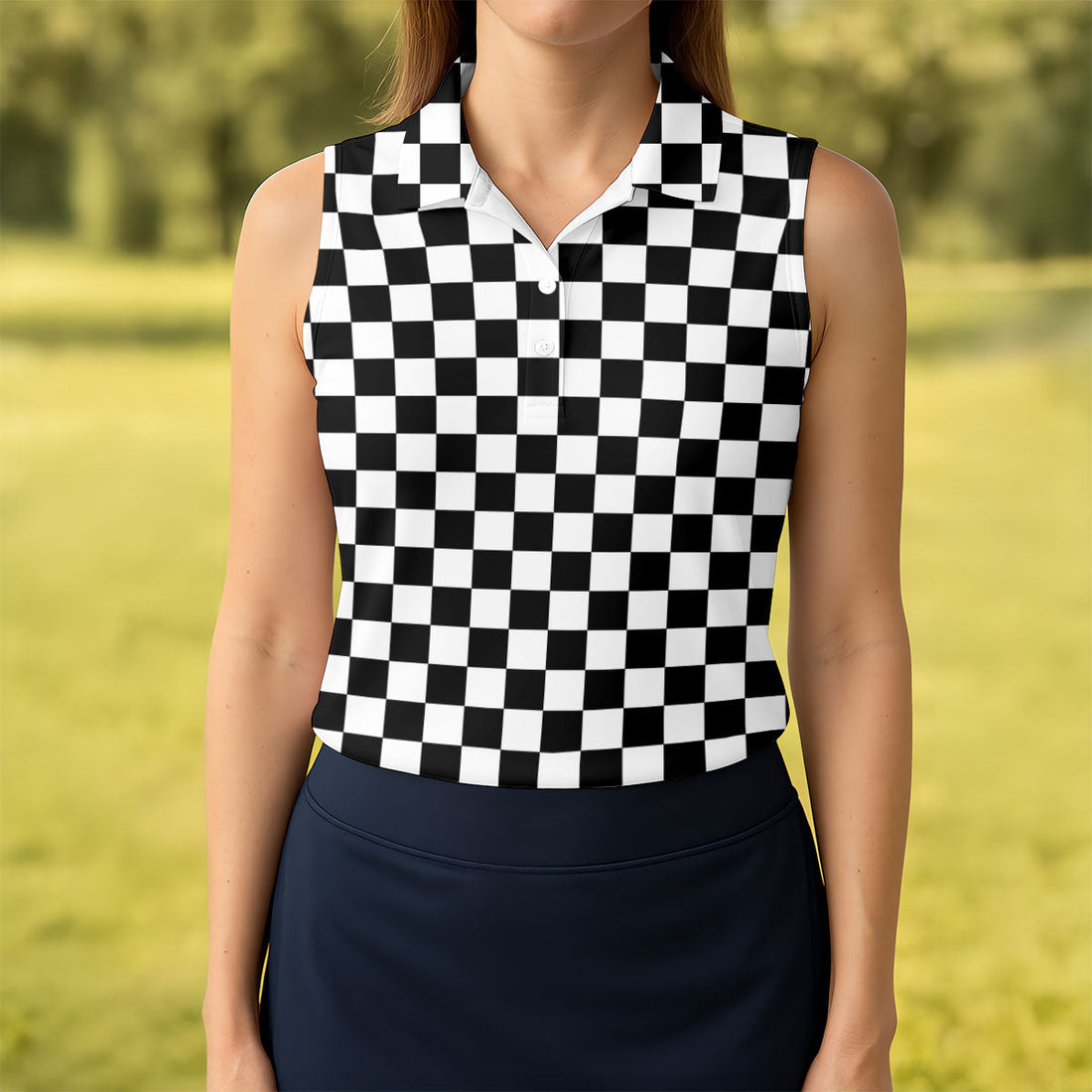 Black White Checkerboard Racing Pattern Golf Shirt, Ladies Golf Shirts, Golf Polo For Women, Performance Golf Shirt