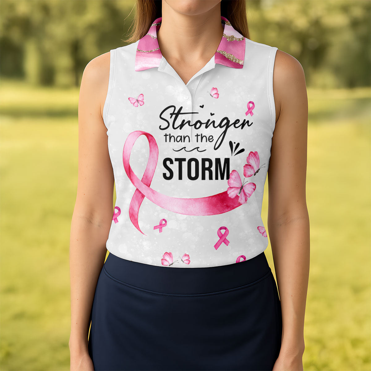 Stronger Than The Storm Breast Cancer Polo Shirt, Golf Tops For Women, Ladies Golf Top