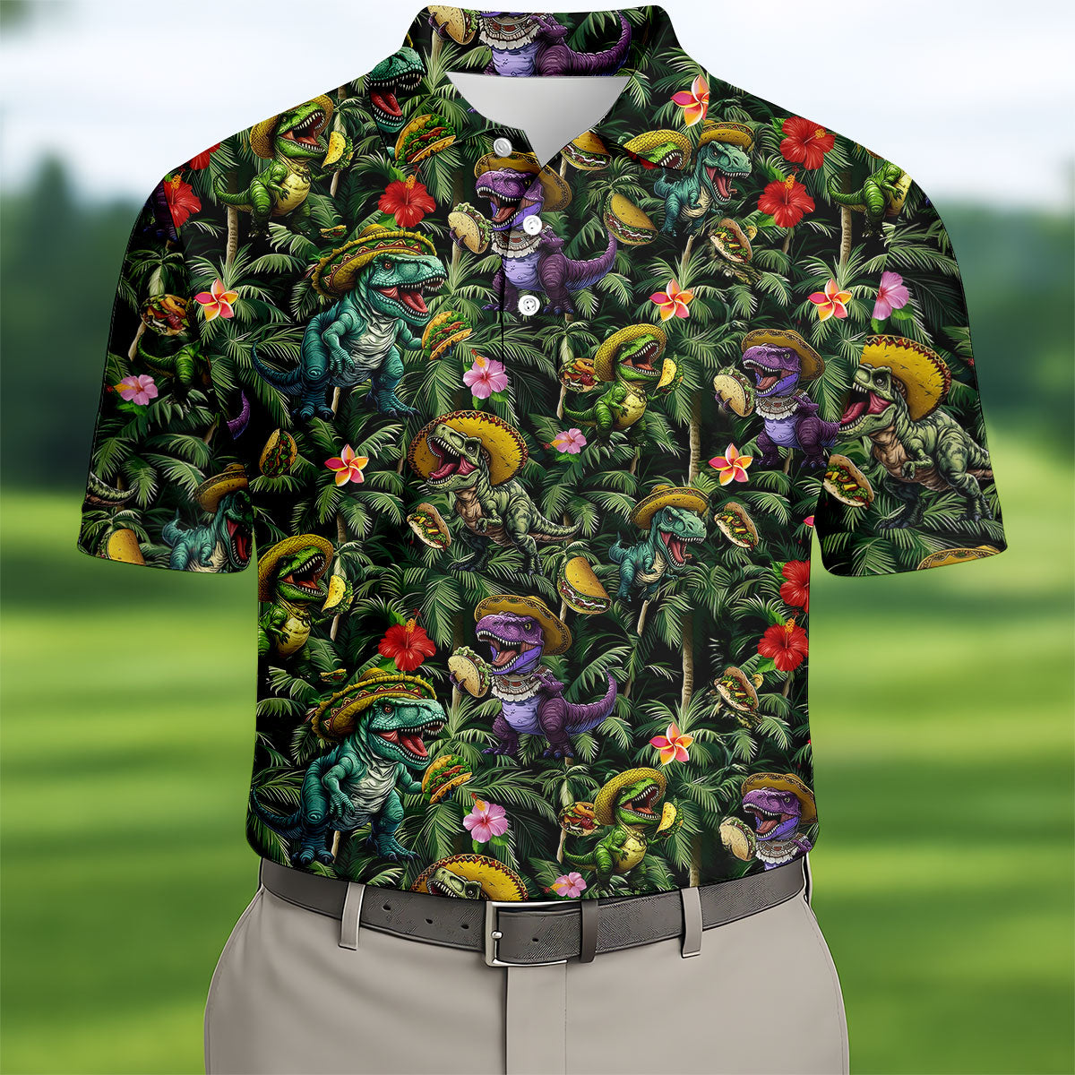 Hawaiian Dinosaur Sombreros Tacos Fun Golf Shirt, Cinco De Mayo Celebration Golf Shirts For Men