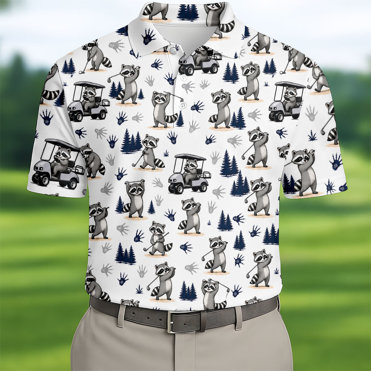 Funny Raccoon Golf Cart Pattern Polo Shirt, Men's Golf Shirt, Golf Apparel For Men