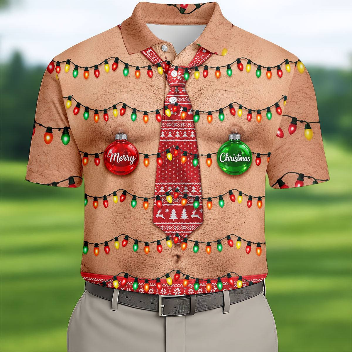 Funny Merry Christmas Lights Tie Polo Shirt, Printed Golf Shirts, Golf Shirts For Men