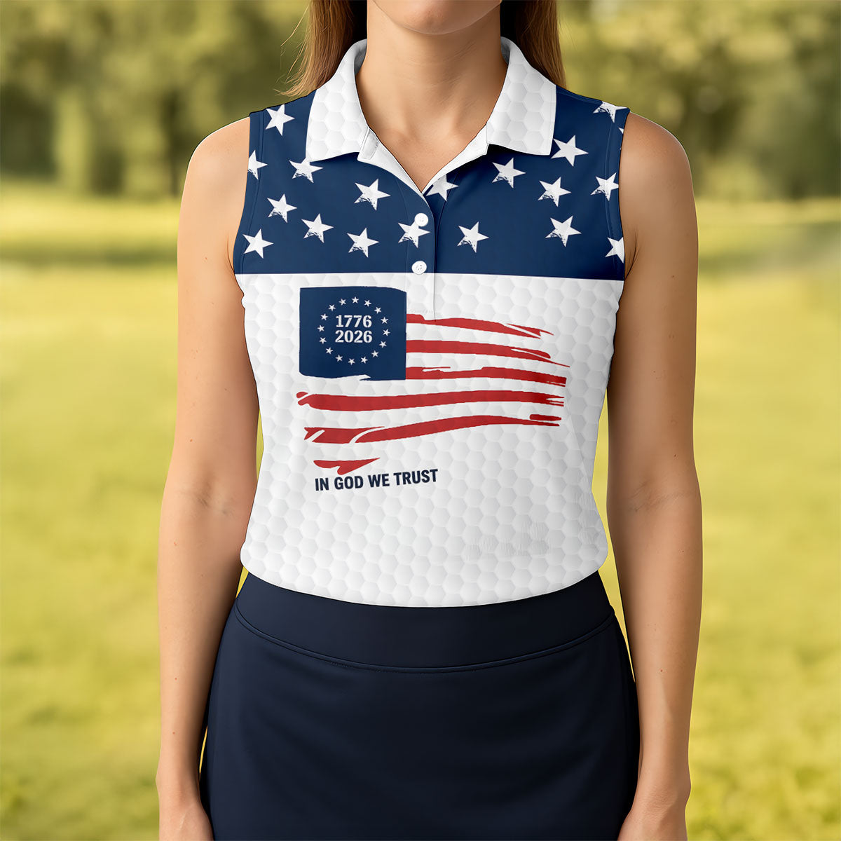 In God We Trust Golf Ball Pattern US Flag Golf Shirt, 250 Years 4th Of July Golf Shirt For Women