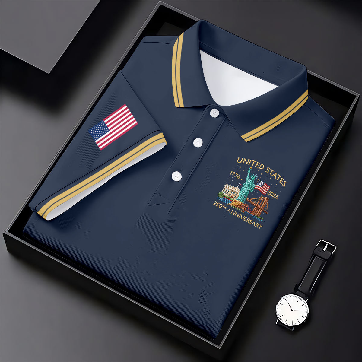 American Symbols Navy Patriotic Golf Shirt, US 250 Years 4th Of July Golf Shirts For Men