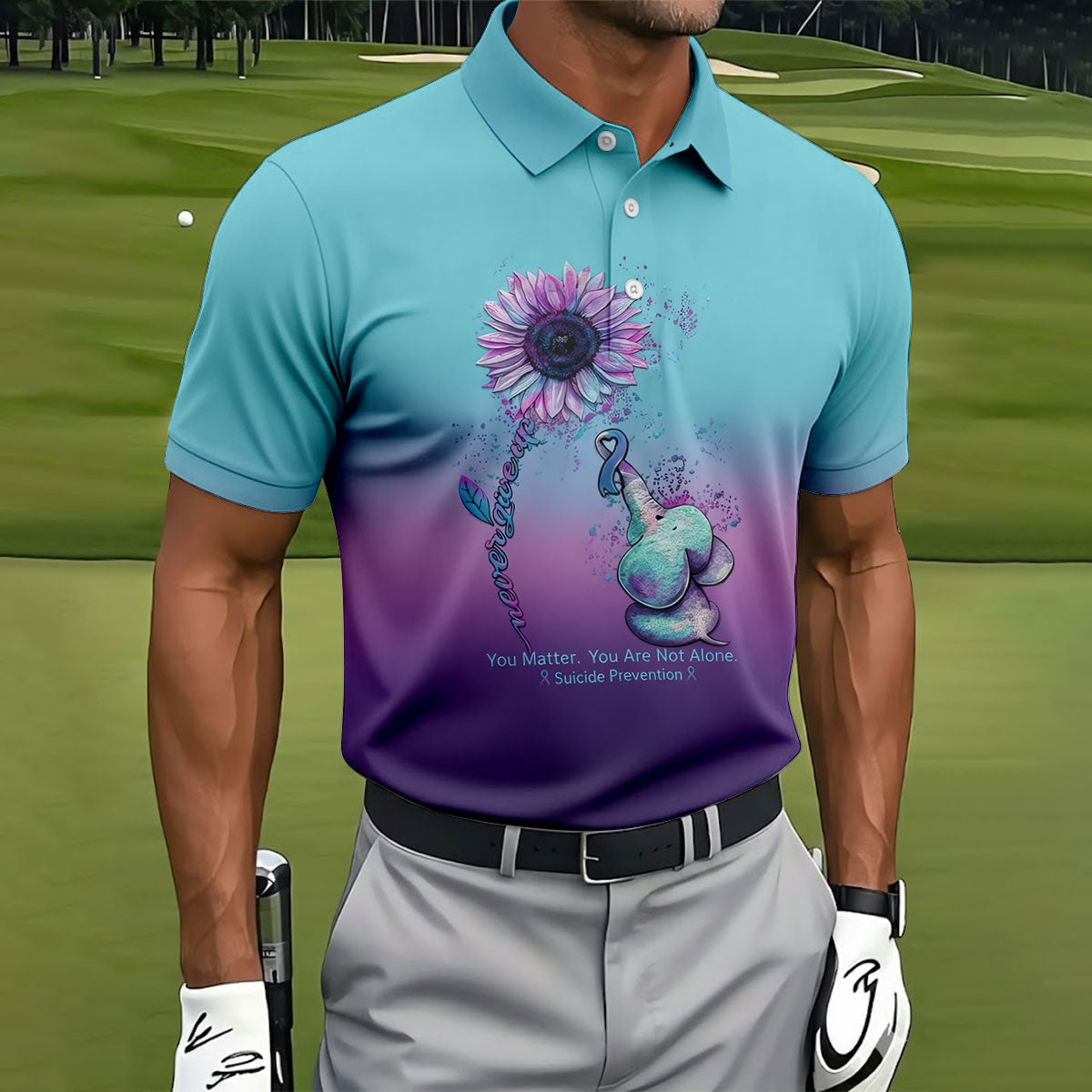 Never Give Up Elephant Sunflower Suicide Prevention Polo Shirts For Men, Men's Golf Shirt