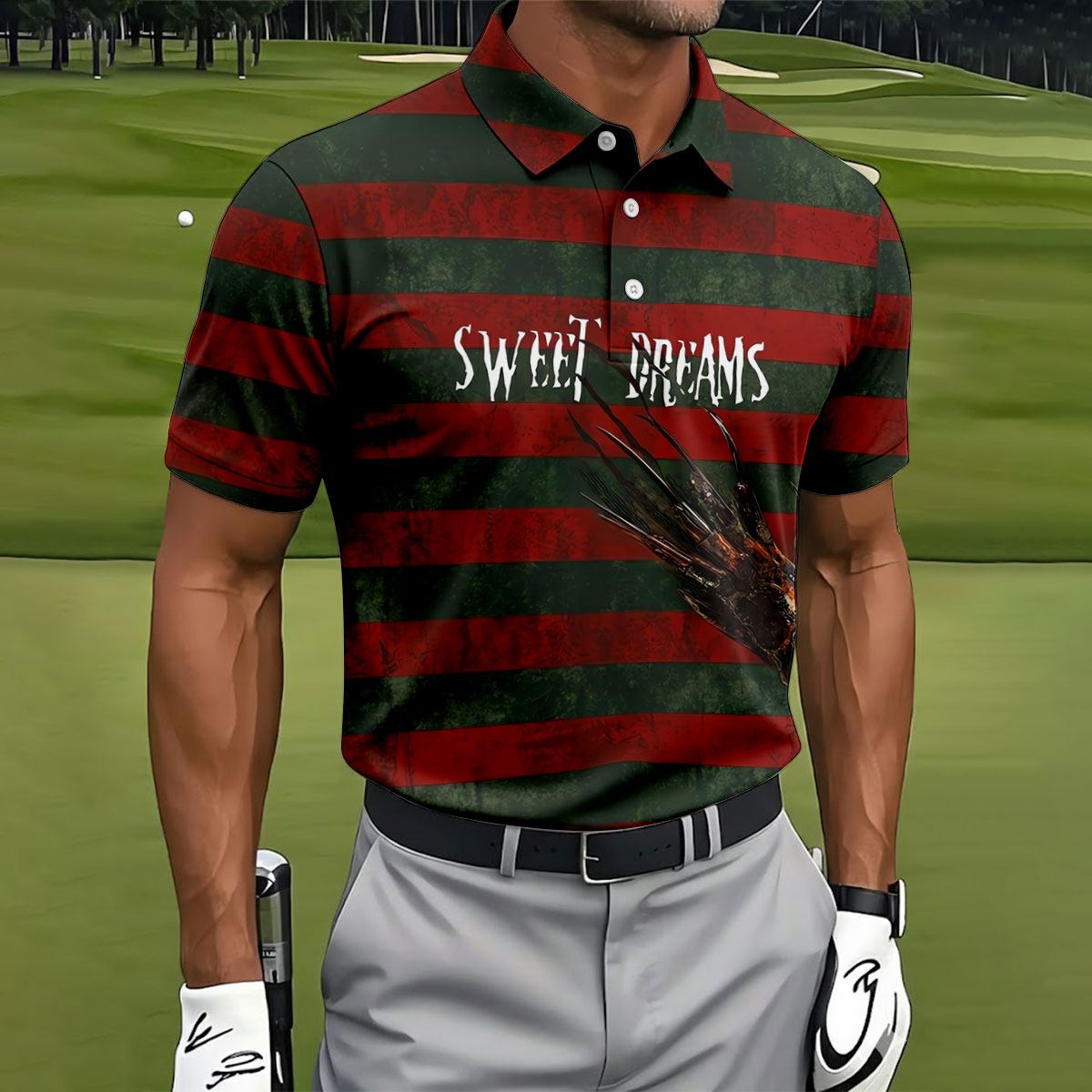 Sweet Dreams Horror Striped Golf Polo Shirt, Mens Golf Shirts, Golf Apparel For Men
