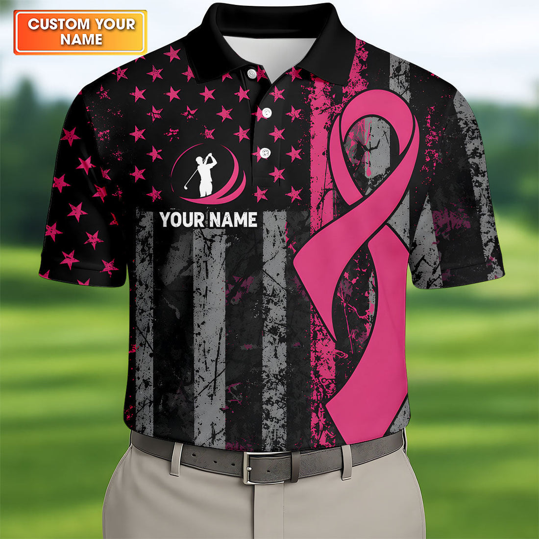 Custom Play For Pink Breast Cancer Golf Polo Shirt, Men's Golf Shirt, Printed Golf Shirts