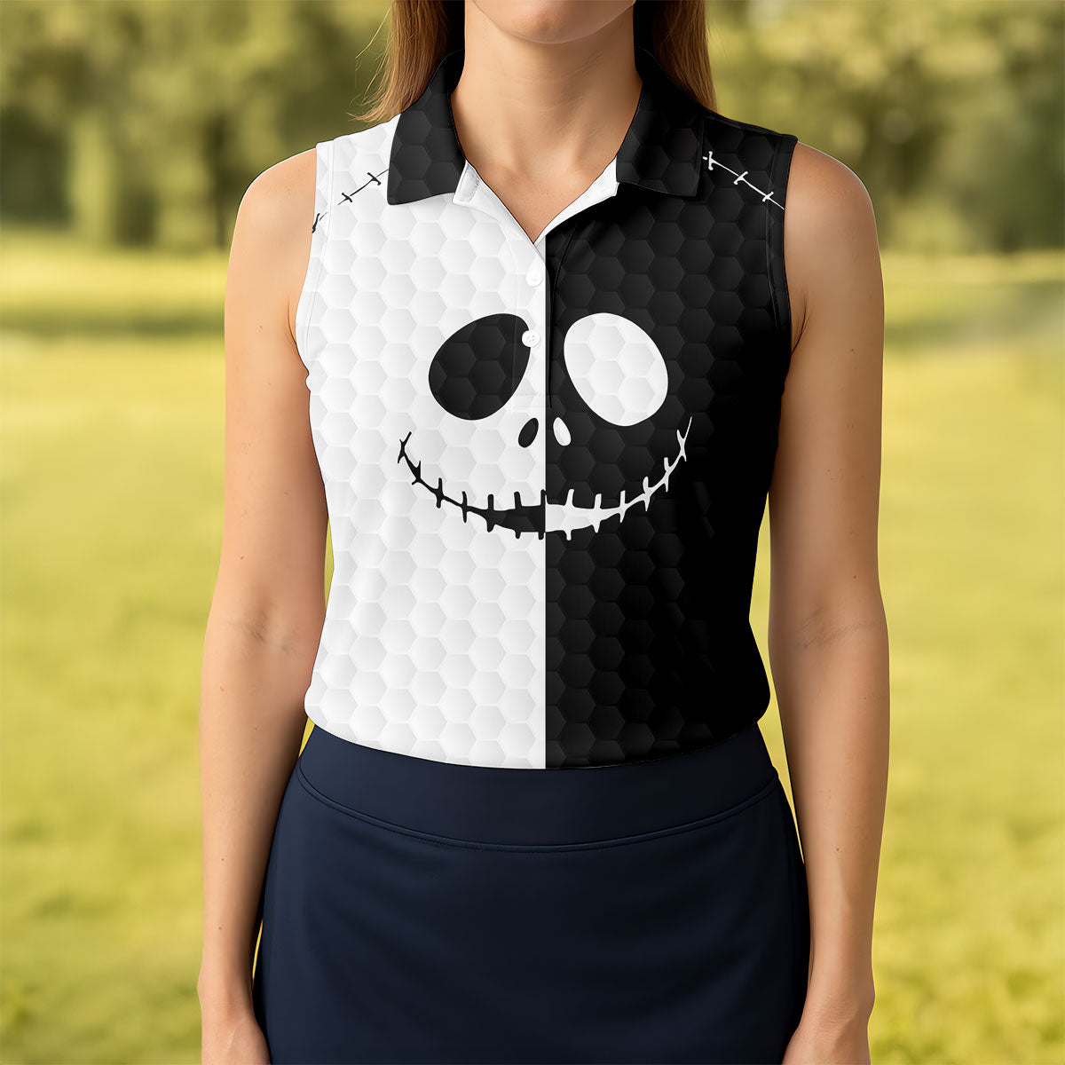 Black White Skull Face Halloween Golf Polo Shirt, Womens Golf Tops, Hawaiian Golf Shirt