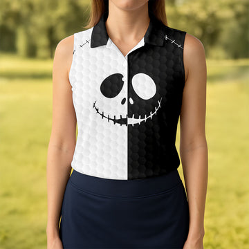 Black White Skull Face Halloween Golf Polo Shirt, Womens Golf Tops, Hawaiian Golf Shirt
