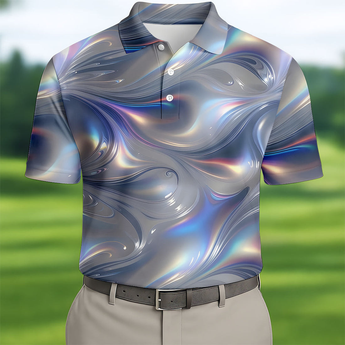 Silver Marble Golf Shirt, Futuristic Holographic Wave Pattern, Golf Shirt For Men