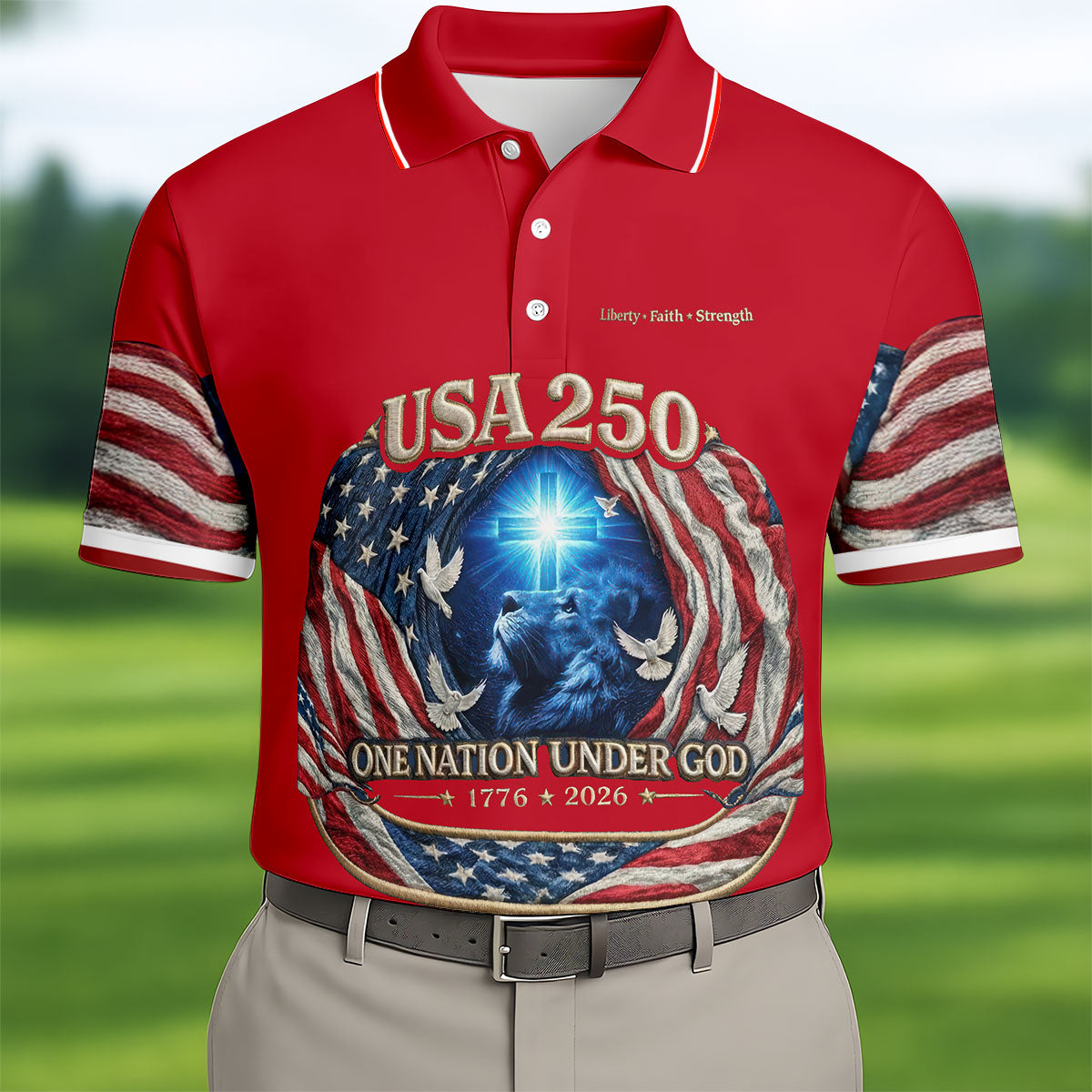 One Nation Under God Faith Cross USA 250 Red Golf Shirt, 4th Of July Golf Shirts For Men