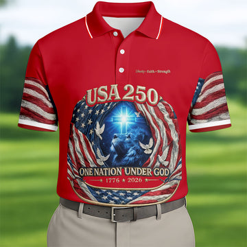 One Nation Under God Faith Cross USA 250 Red Golf Shirt, 4th Of July Golf Shirts For Men