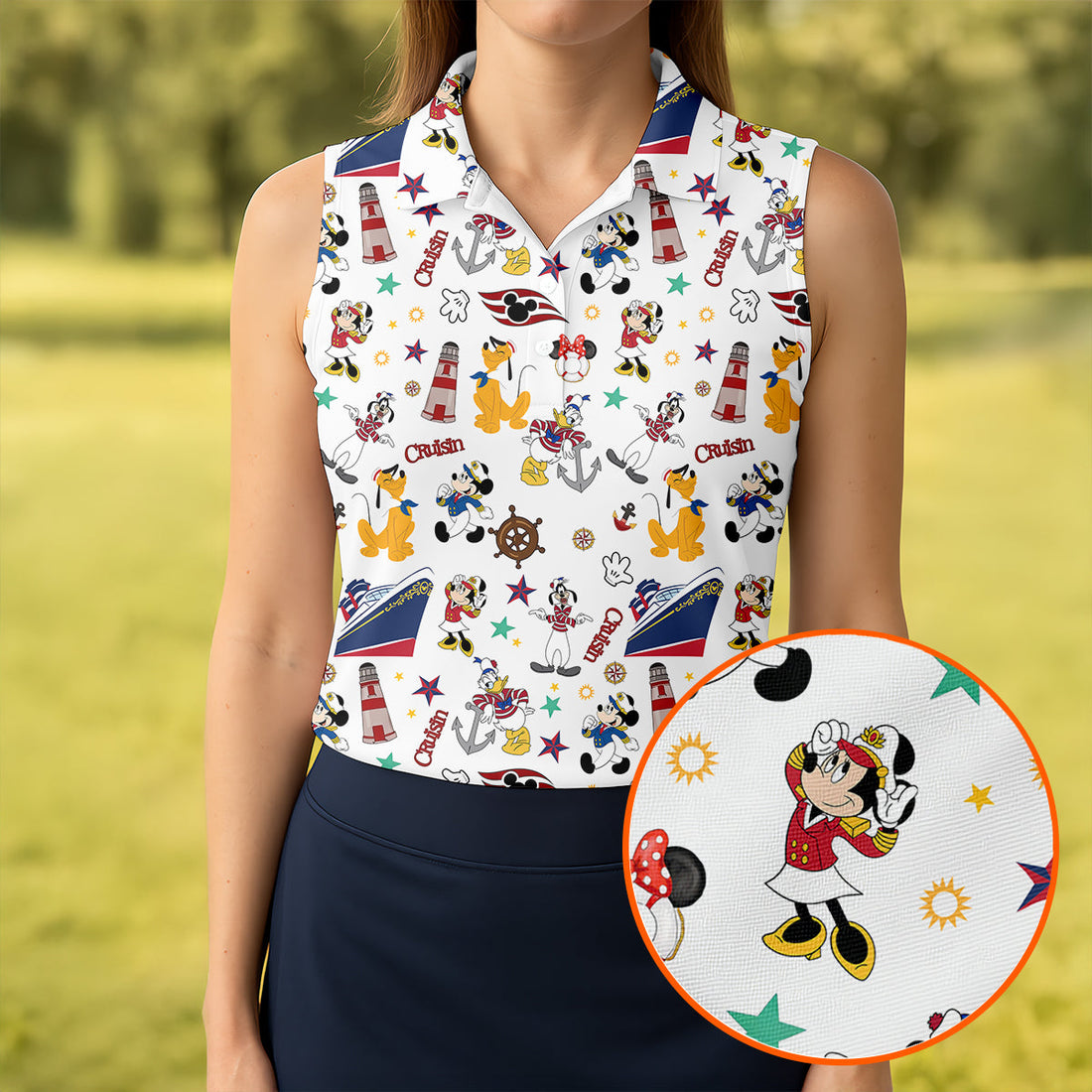 Cartoon Cruise Vacation Pattern Golf Polo Shirt, Golf Shirts For Women, Women’s Golf Polo