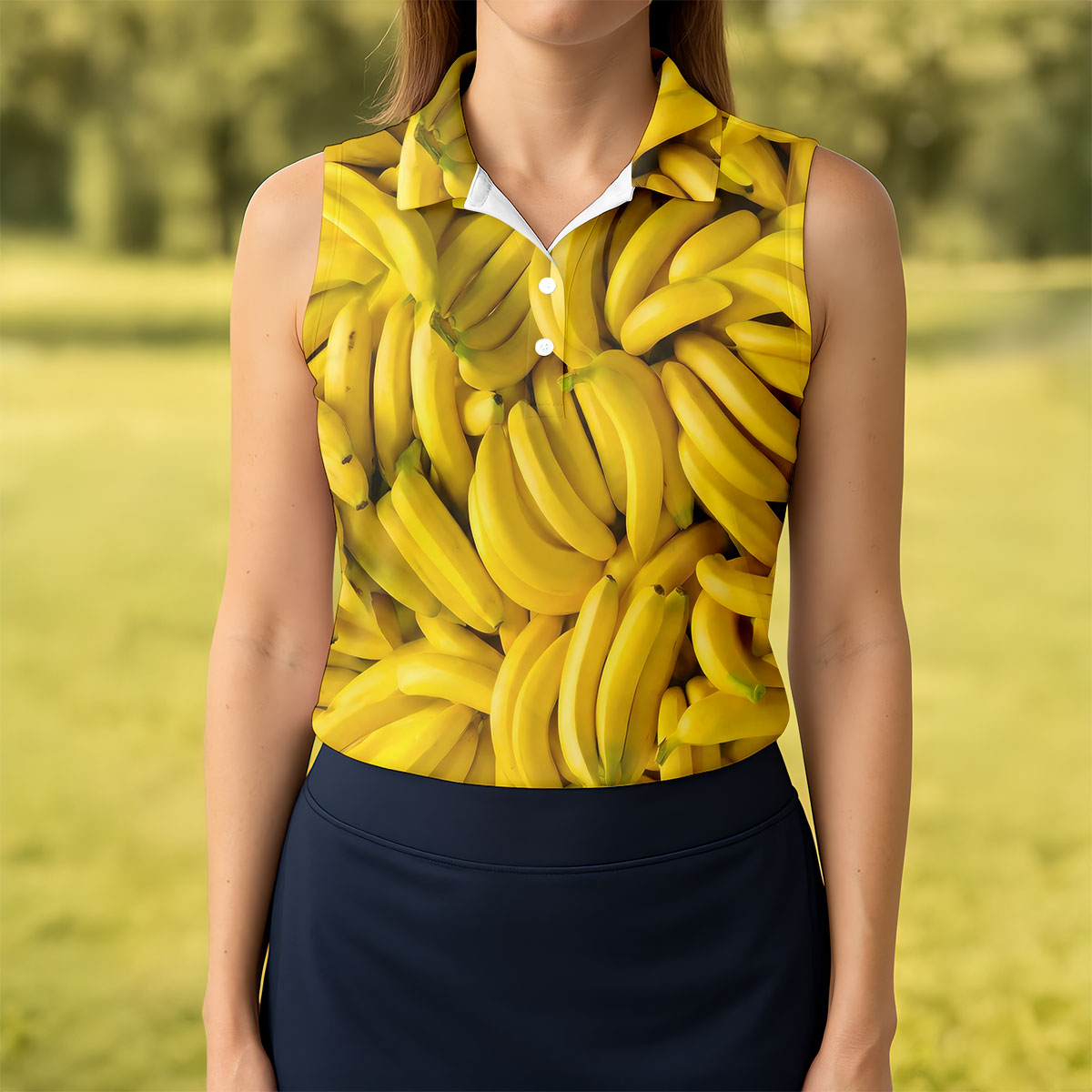 Realistic Banana Print Hawaiian Golf Shirt, Golf Tops For Women, Performance Golf Shirt