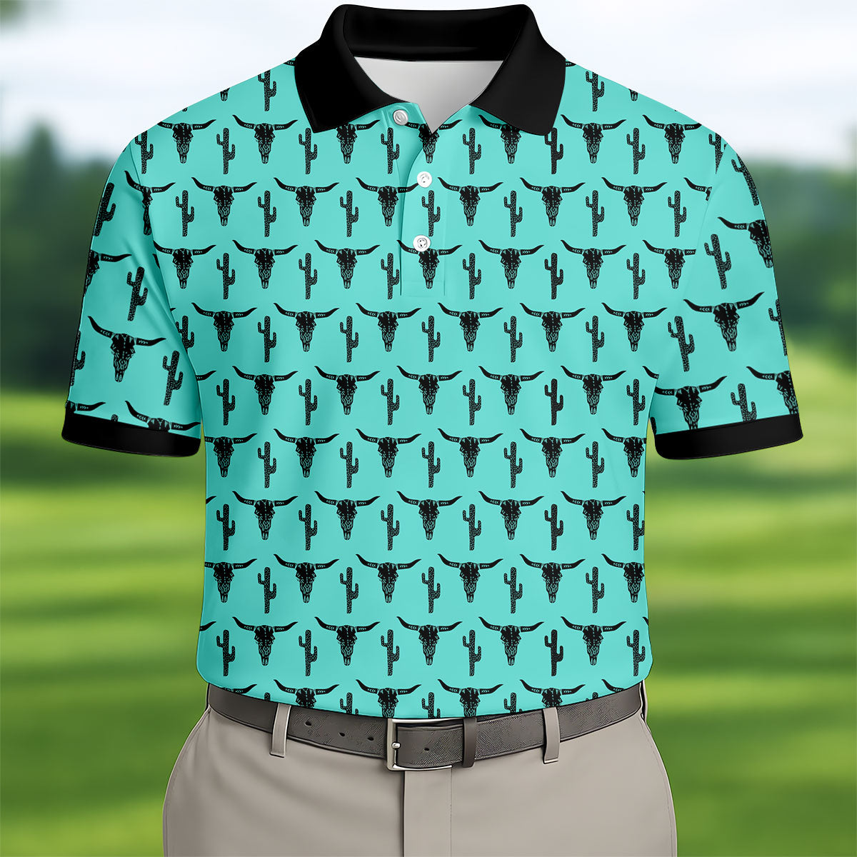 Longhorn Cow Skull Western Theme Peacock Blue Golf Tops For Men, Polo Shirts For Men, Golf Shirts For Men