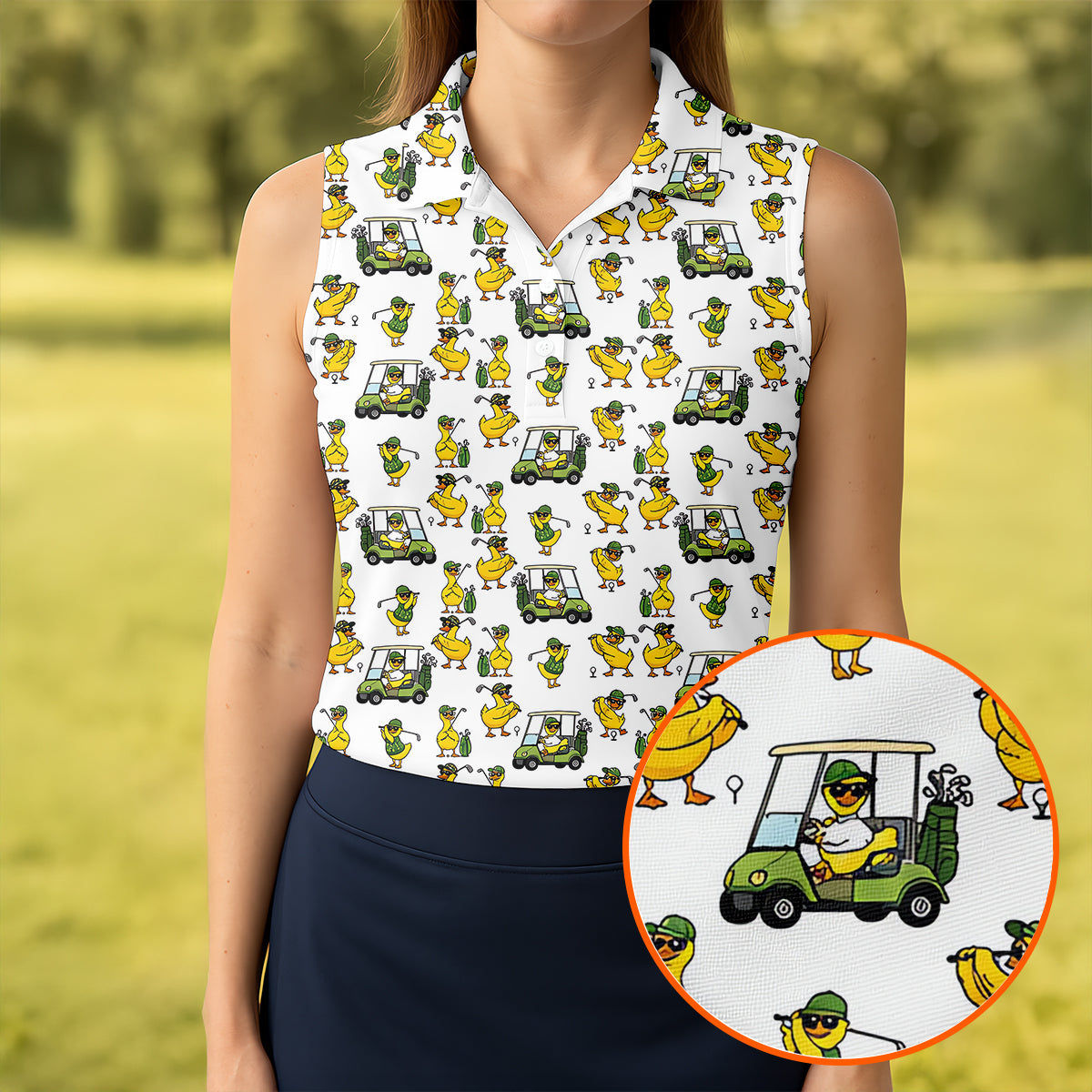 Funny Duck And Golf Cart Pattern Polo Shirt, Womens Golf Polo, Golf Apparel For Women