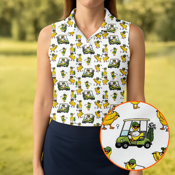 Funny Duck And Golf Cart Pattern Polo Shirt, Womens Golf Polo, Golf Apparel For Women