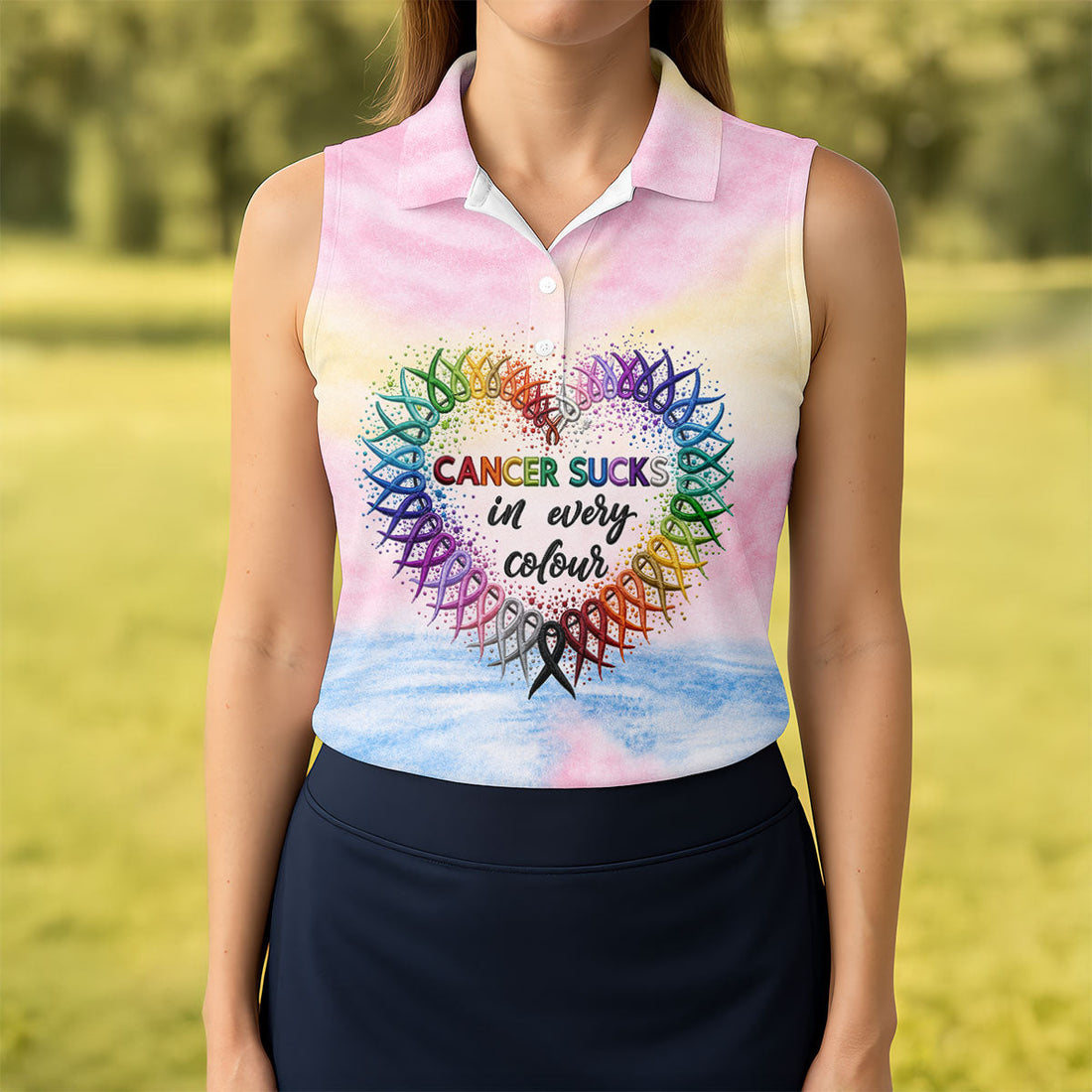 Cancer Sucks In Every Colour Ribbon Heart Polo Shirt, Ladies Golf Tops, Women’s Golf Polo
