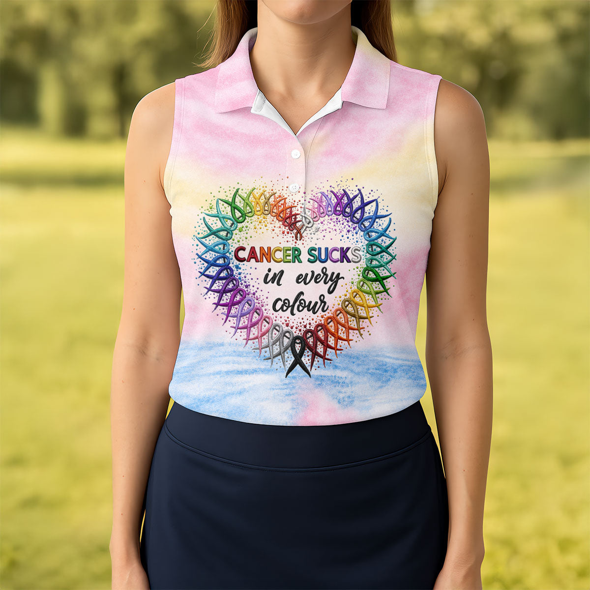 Cancer Sucks In Every Colour Ribbon Heart Polo Shirt, Ladies Golf Tops, Women’s Golf Polo