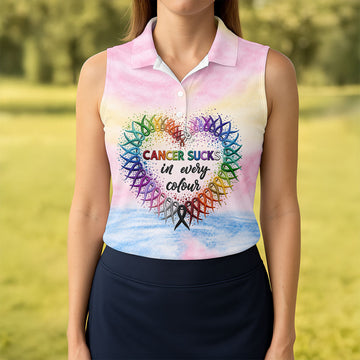 Cancer Sucks In Every Colour Ribbon Heart Polo Shirt, Ladies Golf Tops, Women’s Golf Polo