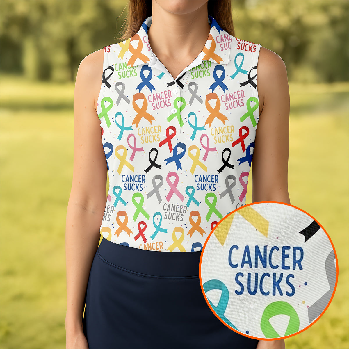 Cancer Sucks Multicolor Awareness Ribbon Polo Shirt, Ladies Golf Tops, Women’s Golf Polo
