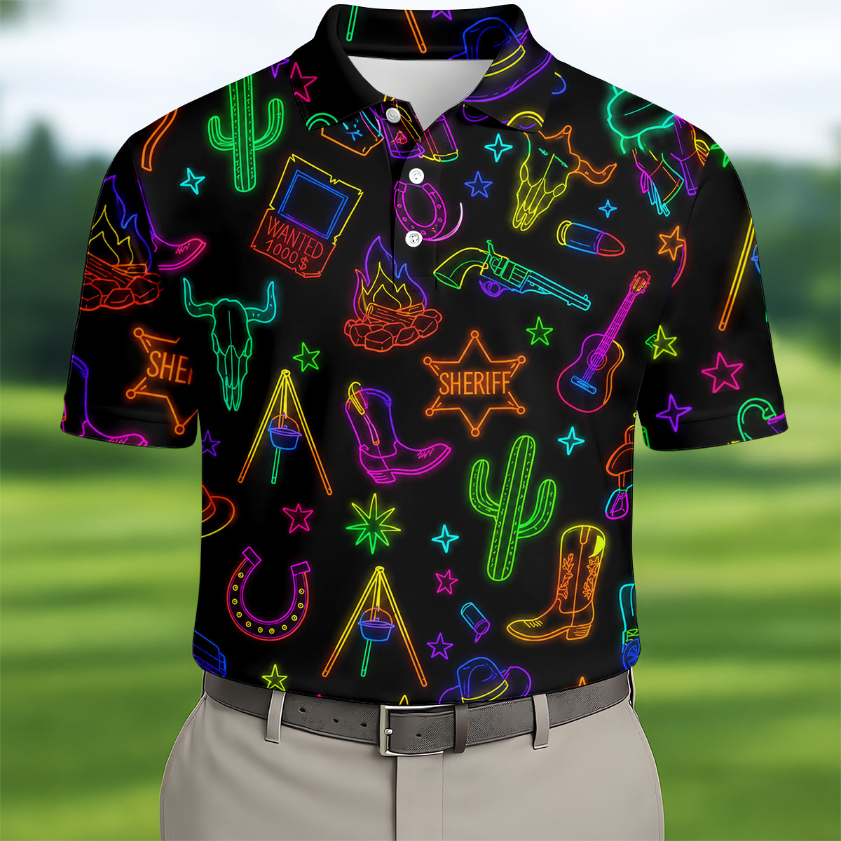 Neon Western Cowboy Pattern Golf Polo Shirt, Men's Golf Polo, Hawaiian Golf Shirt