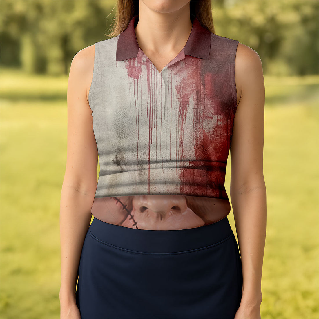 Stitched Face Horror Character Halloween Polo Shirt, Women’s Golf Polo, Ladies Golf Tops