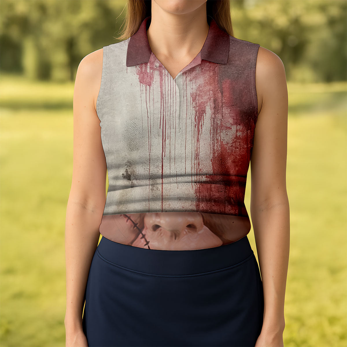 Stitched Face Horror Character Halloween Polo Shirt, Women’s Golf Polo, Ladies Golf Tops