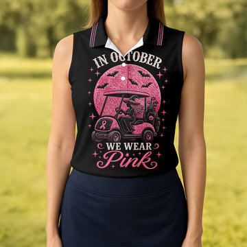 In October We Wear Pink Witch Breast Cancer Golf Polo Shirt, Golf Tops For Women
