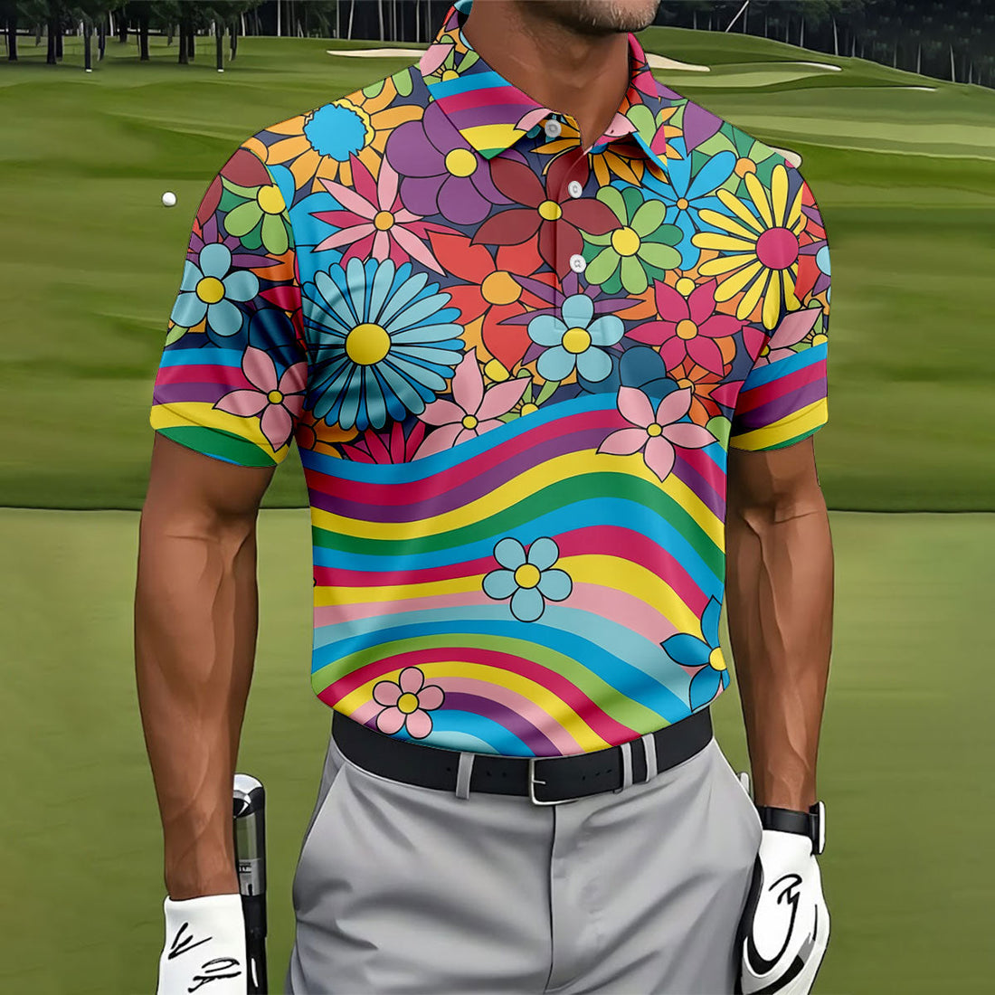 Retro Rainbow Floral Hippie Hawaiian Golf Shirt, Golf Polo Shirts For Men, Mens Golf Apparel