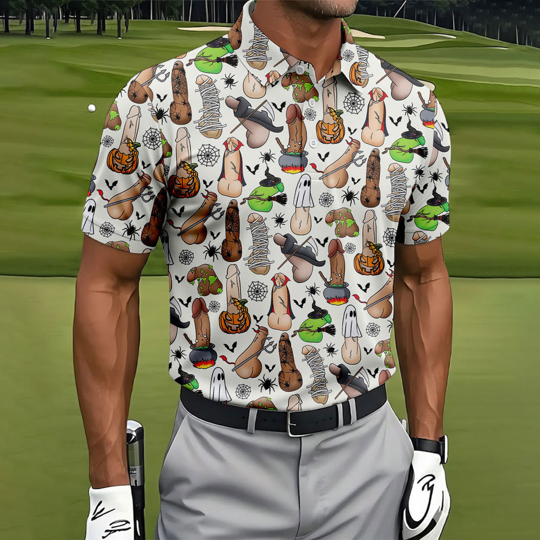 Funny Adult Halloween Pattern Golf Polo Shirt, Men's Golf Shirt, Hawaiian Golf Shirt