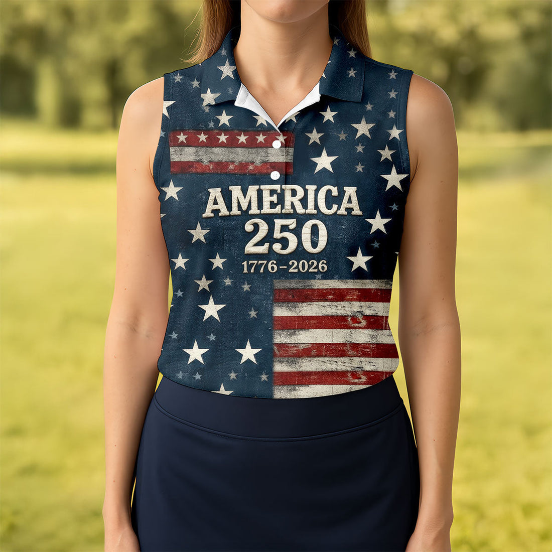 America 250 Distressed Flag 4th Of July Golf Shirt, Stars And Stripes Vintage Patriot Golf Shirt For Women
