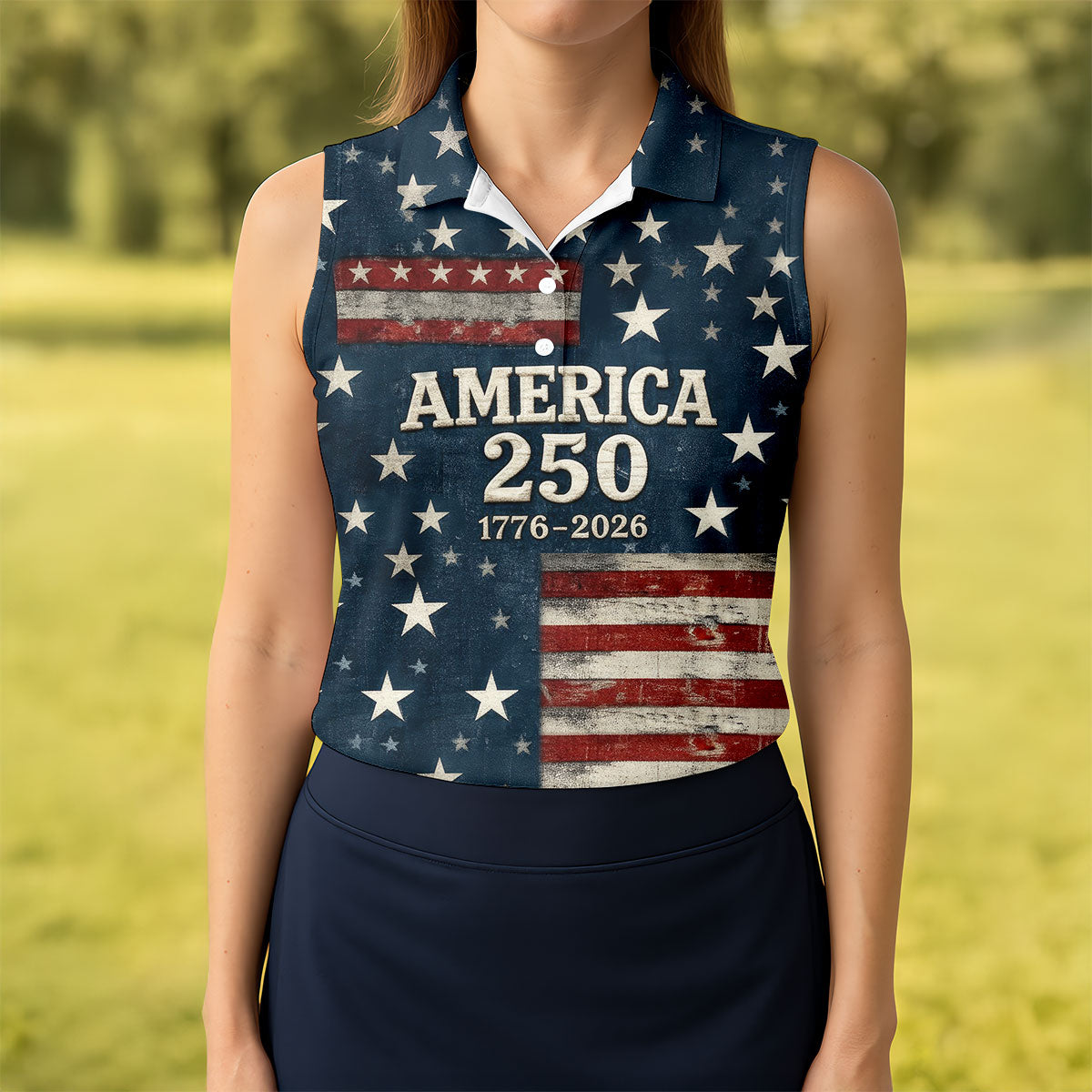 America 250 Distressed Flag 4th Of July Golf Shirt, Stars And Stripes Vintage Patriot Golf Shirt For Women