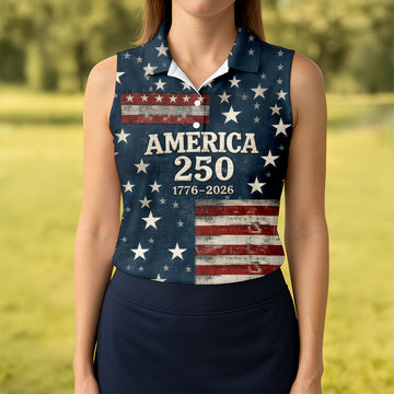 America 250 Distressed Flag 4th Of July Golf Shirt, Stars And Stripes Vintage Patriot Golf Shirt For Women