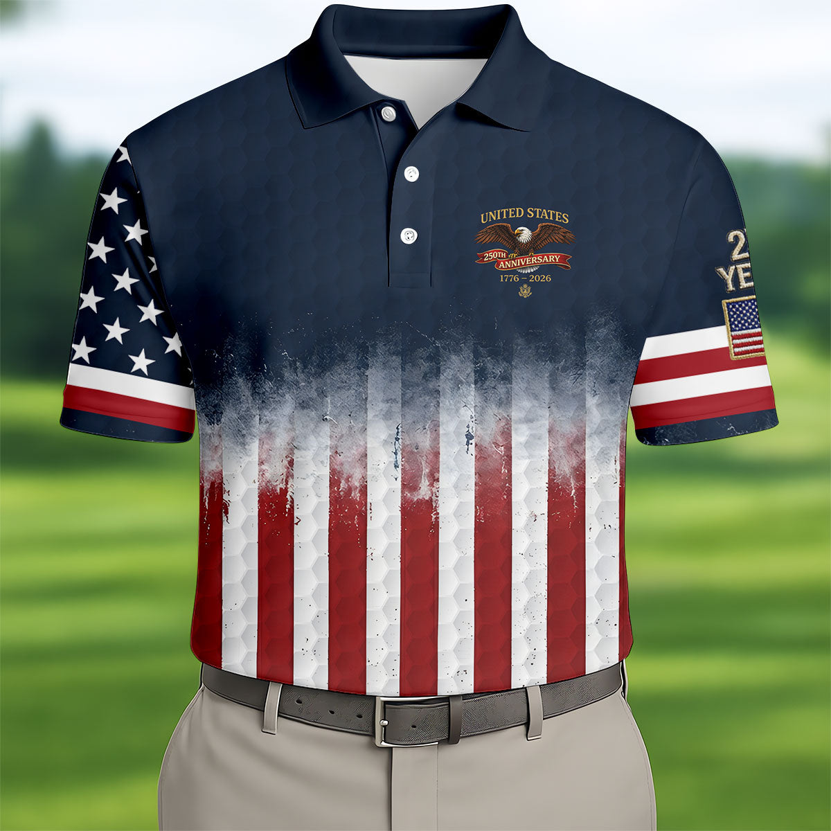 United States 250th Anniversary Distressed Flag Golf Tops For Men, Golf Ball Pattern Golf Shirts For Men