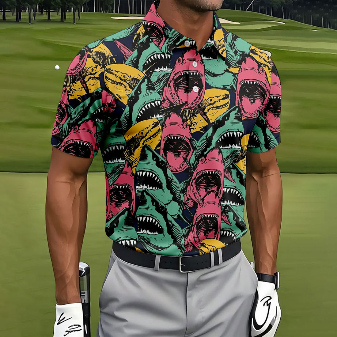 Colorful Vintage Shark Pattern Hawaiian Golf Shirt, Golf Apparel For Men, Printed Golf Shirts