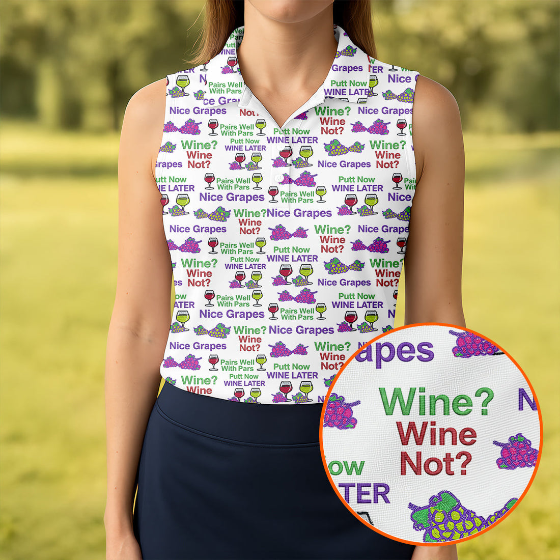 Wine Lover Golf Top, Grape Humor Print, Golf Shirts For Women